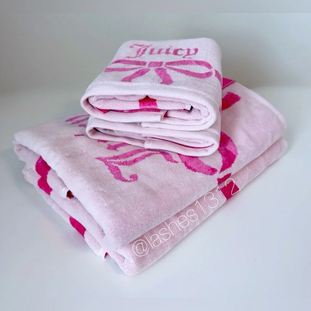 JUICY COUTURE Set of 2 Plush Bath Towels & Hand Towels - Pink Coquette Bows
